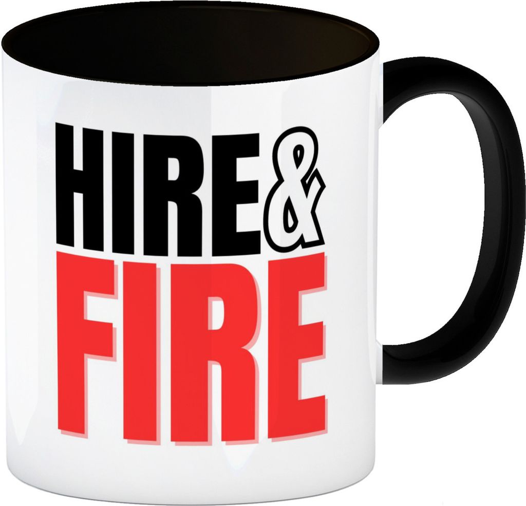 Chef und Boss Kaffeebecher in schwarz mit Spruch Hire & fire