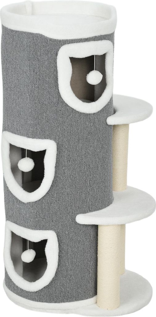 101 cm Katzenturm, 3 Ebenen, 3 Schlafhöhlen, Spielbälle, Kratzpfosten, Sisal, Spanplatte, Grau
