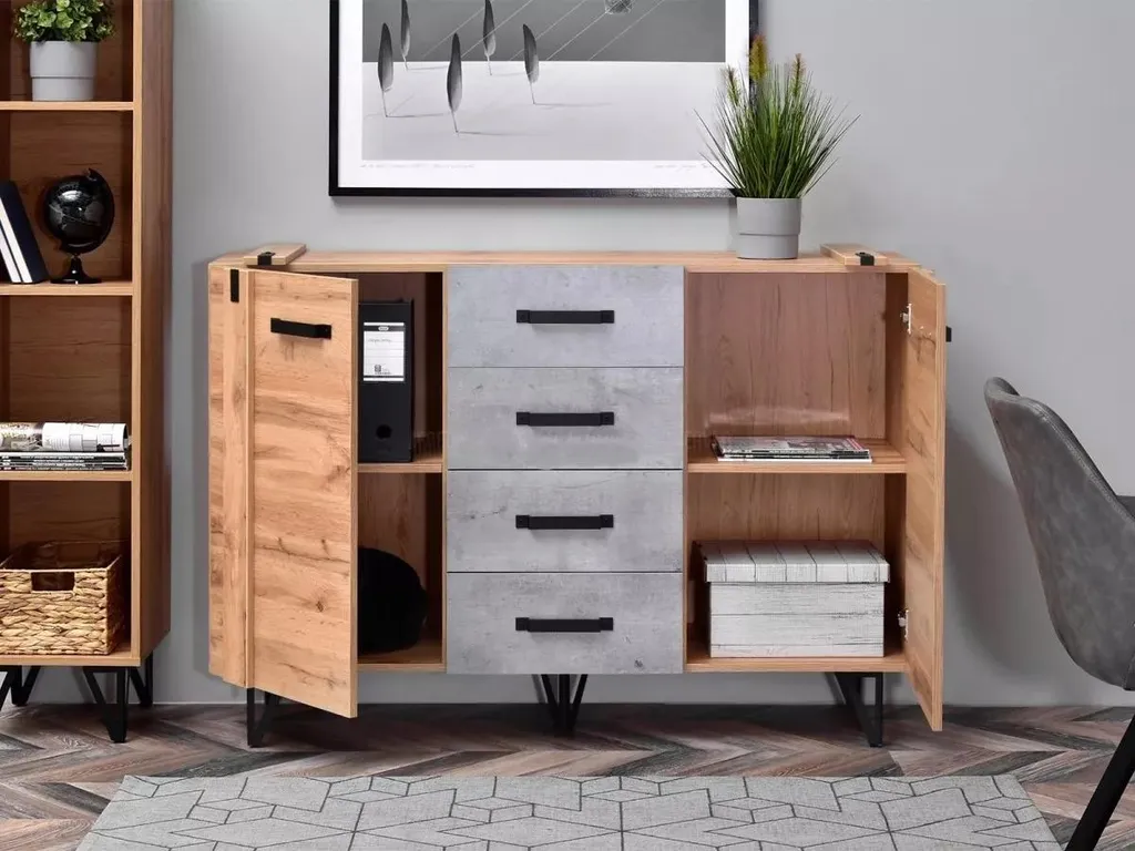 Buffet bas et commode de rangement CONOVER chêne et gris béton loft
