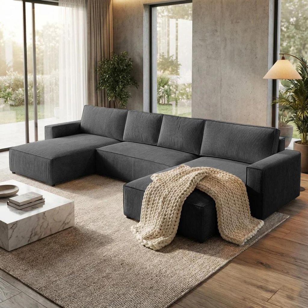 BEAUTYSOFA | Ecksofa PARYS U - 390 cm, Ecksofas mit Schlaffunktion und Bettkasten, Modernes Schlafsofa in Dunkelgrau