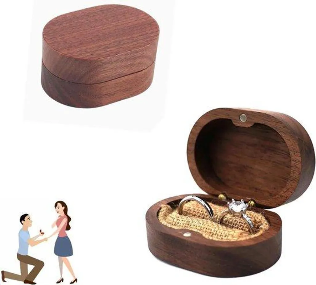 Écrin à alliance en bois de noyer sculpté style rétro pour fiançailles