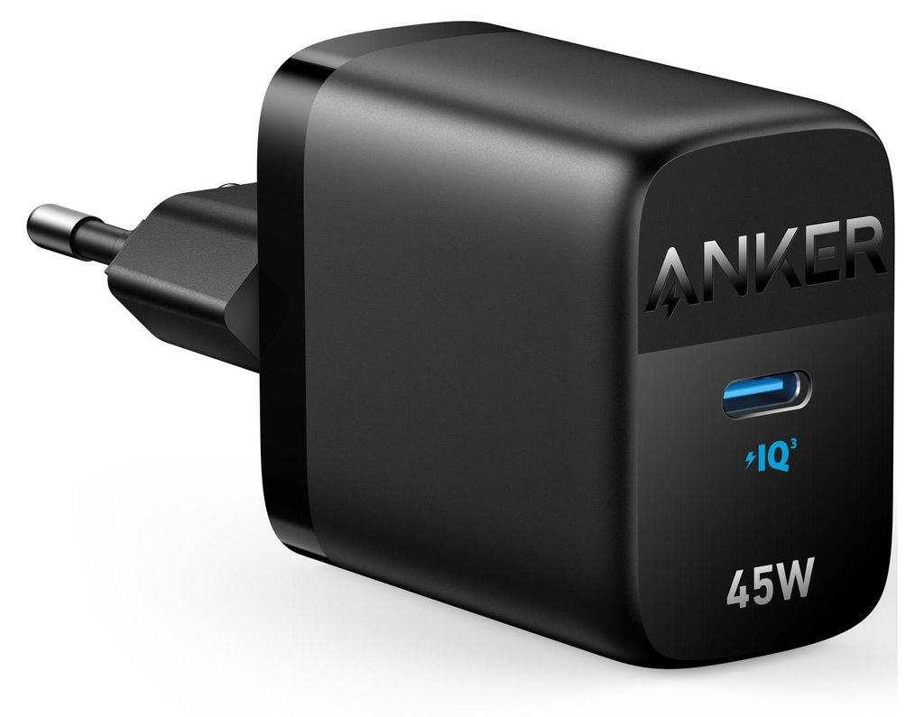 A black Anker 45W USB-C charger is shown against a white background.