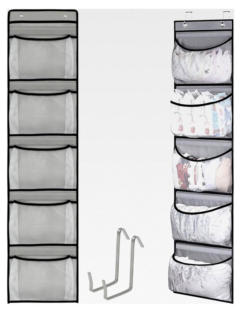 Aufbewahrungstasche Hängeorganizer mit 5 großen Taschen und 2 Haken für Stofftiere, Spielzeug und Badezimmer, Grau