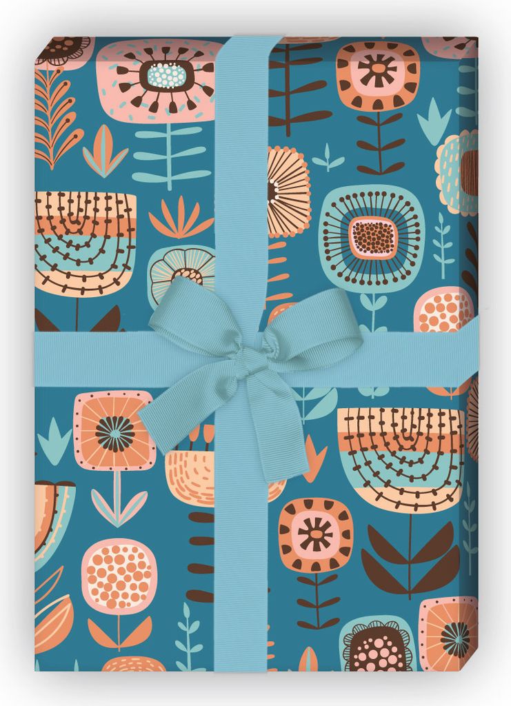 Folklore Blumen Geschenkpapier mit Retro Blumen, petrol - G11877, 32 x 48cm