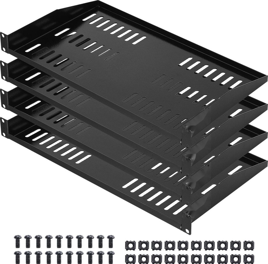 Rack-Fachboden - 1U/1HE Rackboden - Set mit 4 Stück - Tragfähigkeit 22,7 kg - Belüftet - Tiefe 254 mm - Für 482 mm Netzwerkschränke - Wand- od...