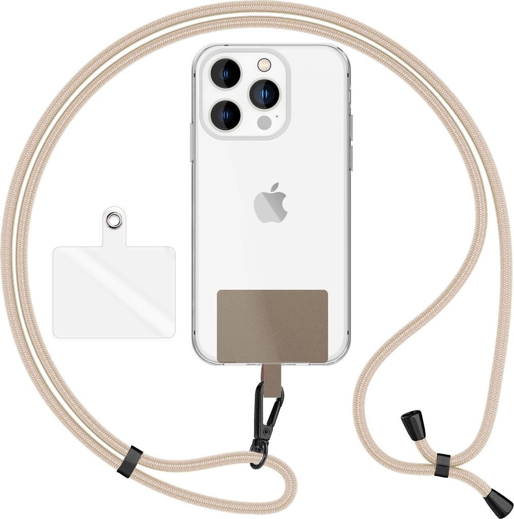 HoldMe Air Edition - Universal Lanyard mit 2 Pads & Karabinerhaken (matt-schwarz) - 160cm Handyband zum Umhängen - Weiß Beige