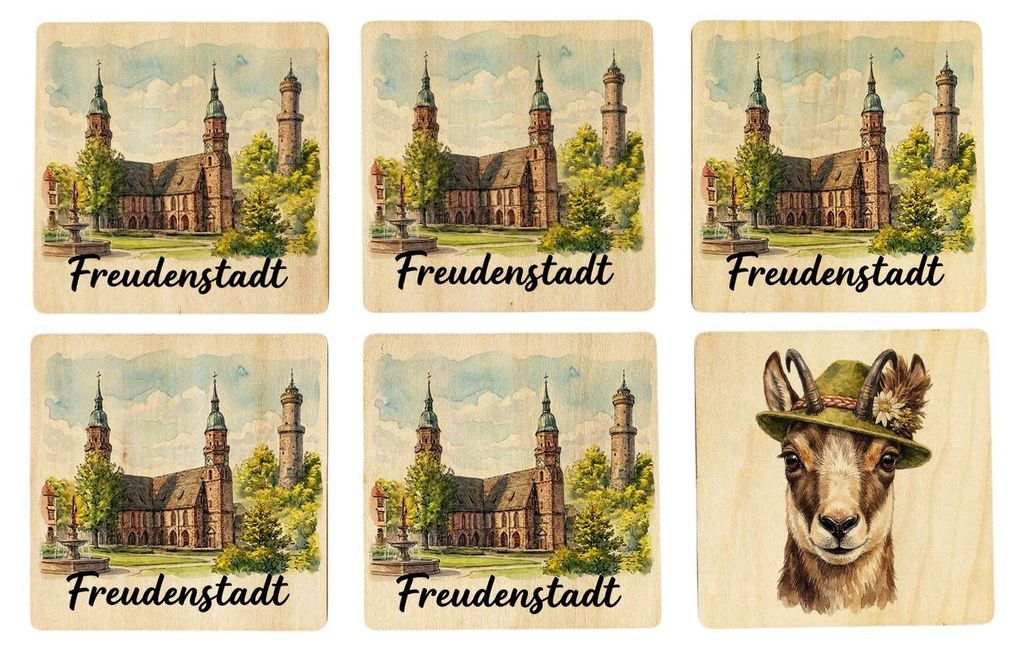 Freudenstadt Kirche 6er Set Untersetzer aus Holz Aquarell mit Schriftzug