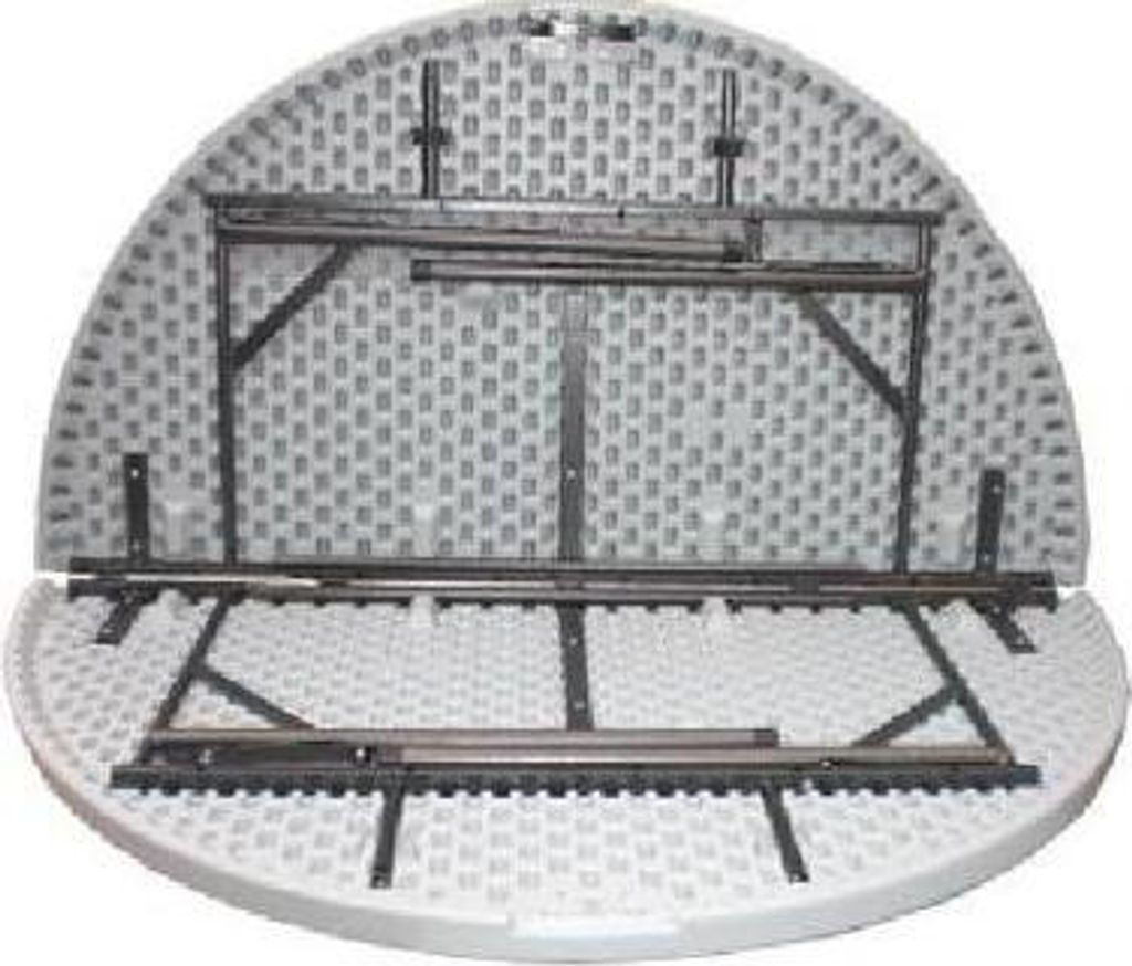 The underside of a round folding table, showing its metal frame and folding mechanism.