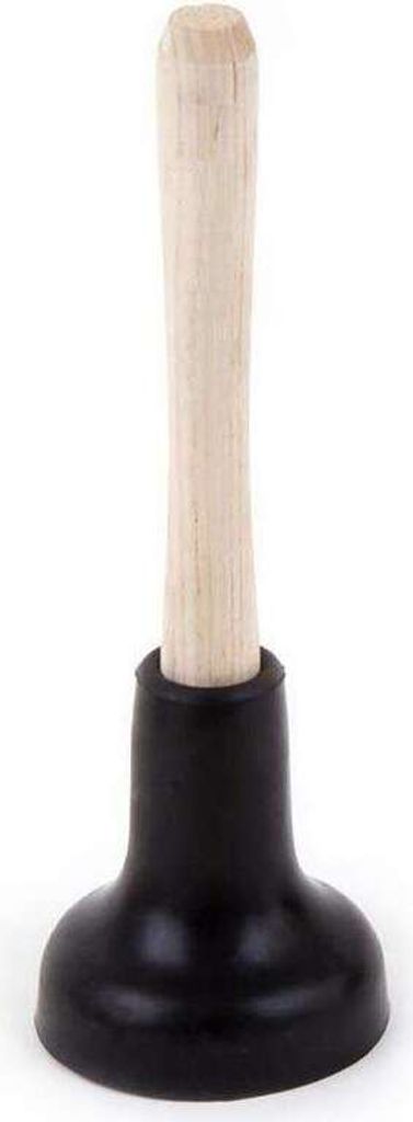 A plunger with a wooden handle and a black rubber cup.