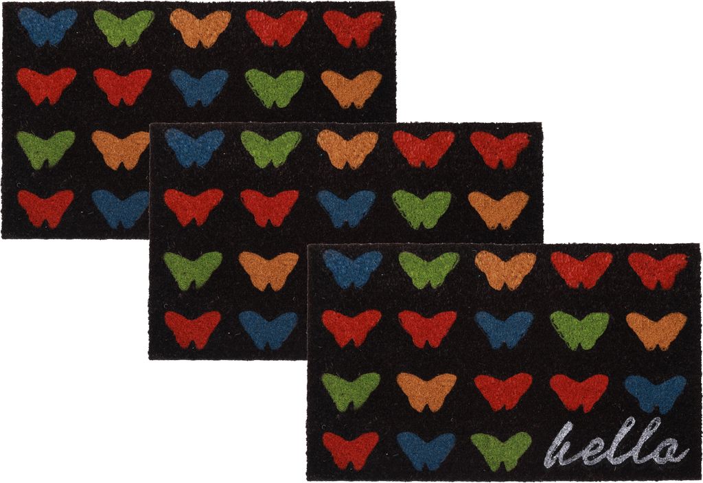 Betz 3er Kokosmatte aus 100% Kokos - Fußmatte - Fußabstreifer –Schmutzfangmatte Muster Schmetterlinge Größe 45 cm x 75 cm x 1,5 cm