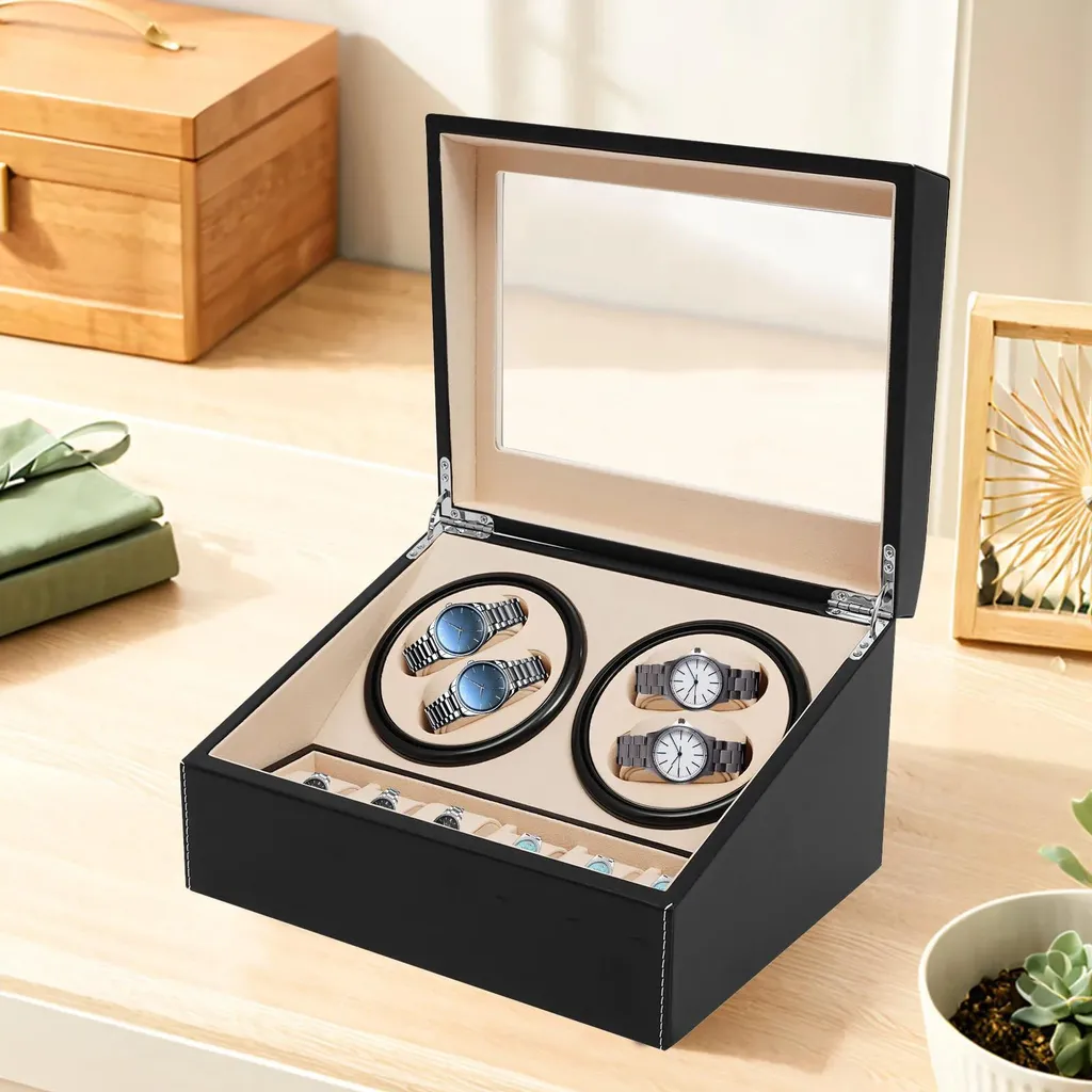 Scatola per orologi - Rotore automatico per orologi - 10 scomparti - Spina UE - Alimentazione a rete - MDF/vetro - 30,5×22,9×18 cm - Nero