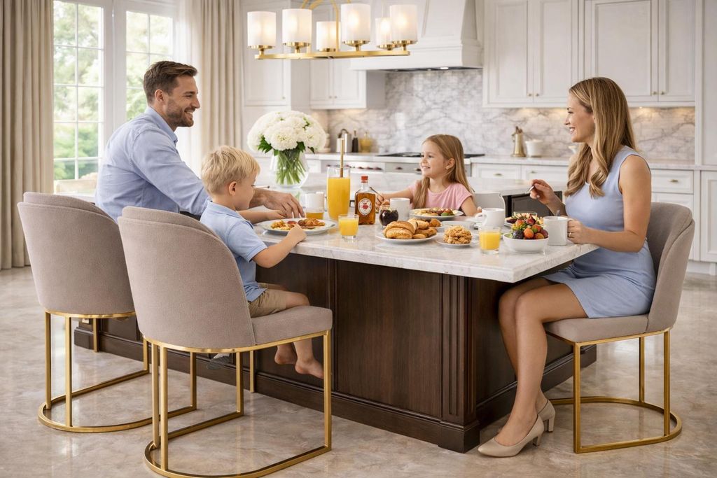 4 elegante Stühle mit weichem Stoffbezug und goldfarbenem Rahmen