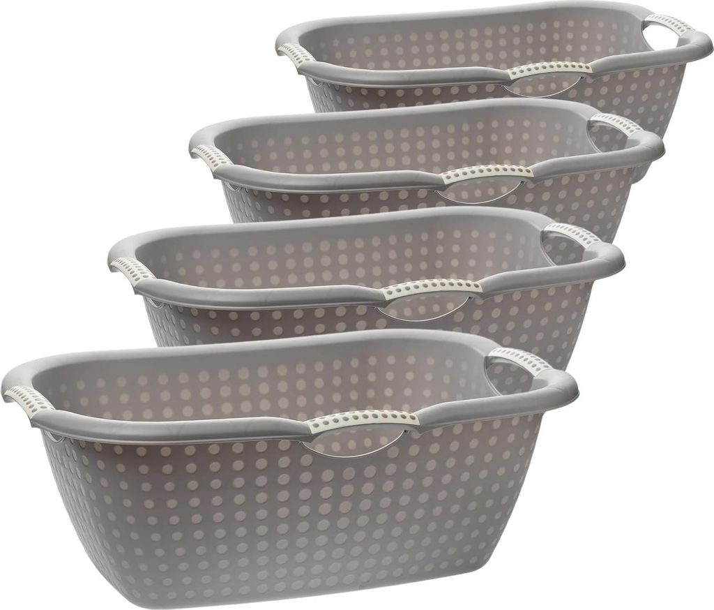 Four grey laundry baskets stacked on a white background.