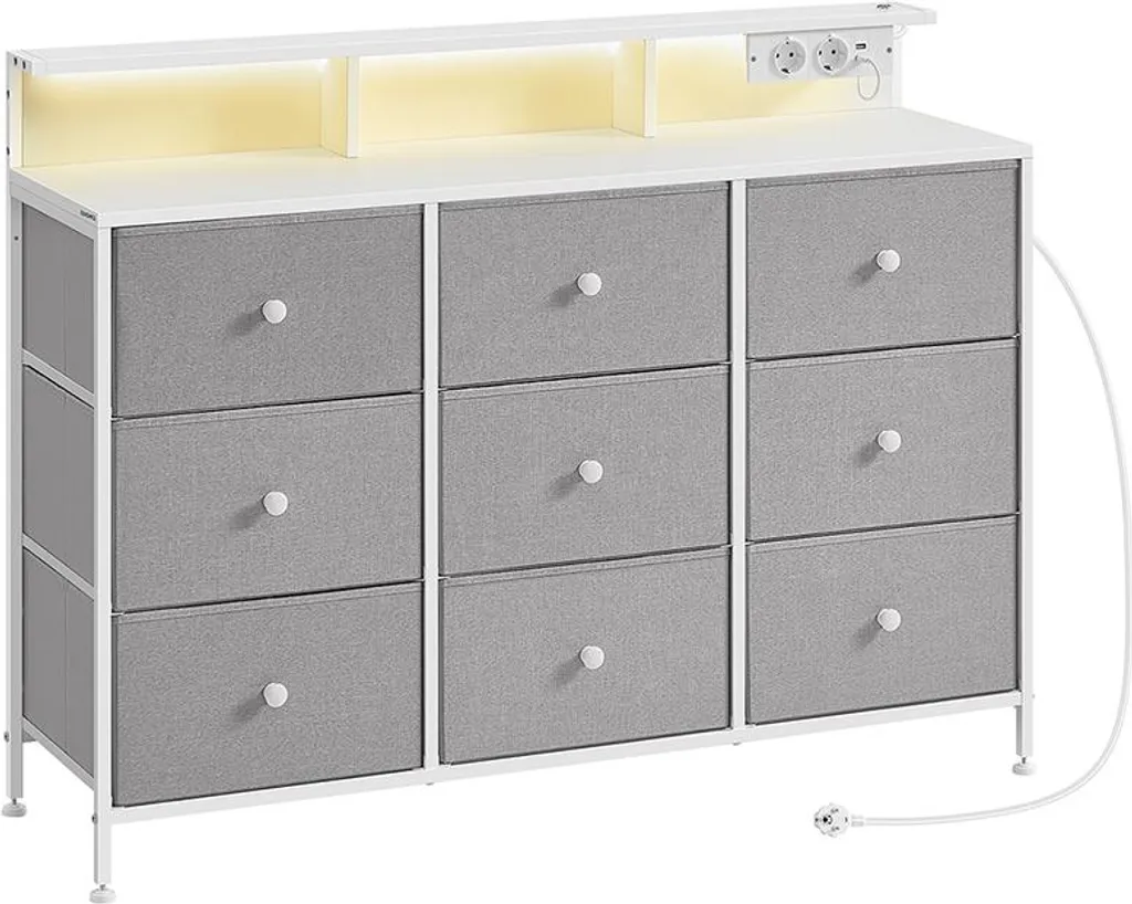 Commode LED 9 tiroirs gris tourterelle : grand volume de rangement chic
