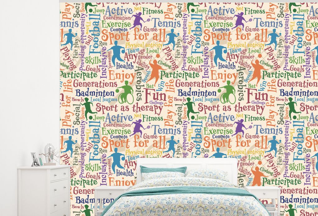 MuchoWow Fototapete für Wohnzimmer oder Schlafzimmer Wandtapete Vinyl Motivtapete Muster - Sport - Alphabet - Zitate - 375x300 cm - Tapezierpapier