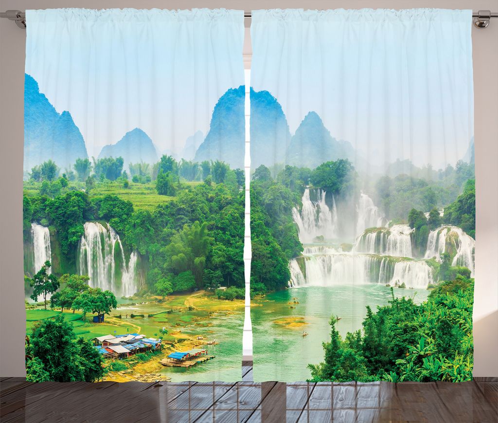 ABAKUHAUS Landschaft Rustikaler Gardine, Misty Jungle Wald, Schlafzimmer Kräuselband Vorhang mit Schlaufen und Haken, 280 x 225 cm, Farn Grün Mul...