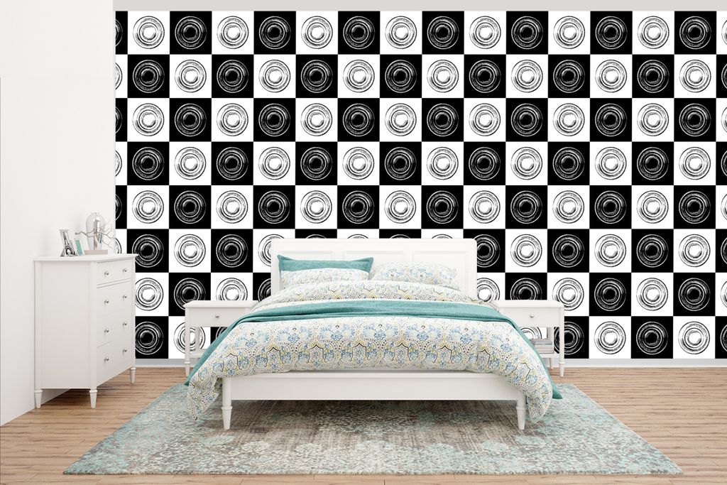 MuchoWow Fototapete für Wohnzimmer oder Schlafzimmer Wandtapete Vinyl Motivtapete Muster - Schachbrett - Schwarz und Weiß - 430x240 cm - Gemustert