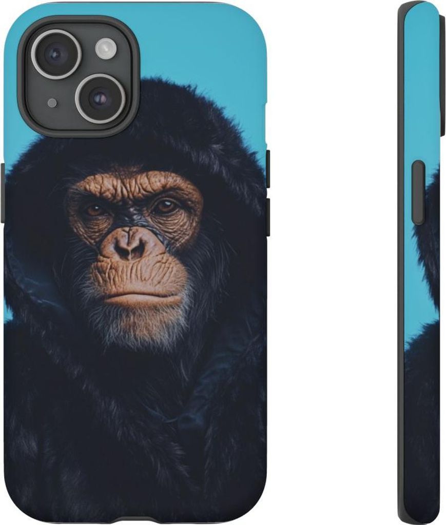 Affenporträt im schwarzen Hoodie – Handyhülle Kompatibel mit iPhone 15