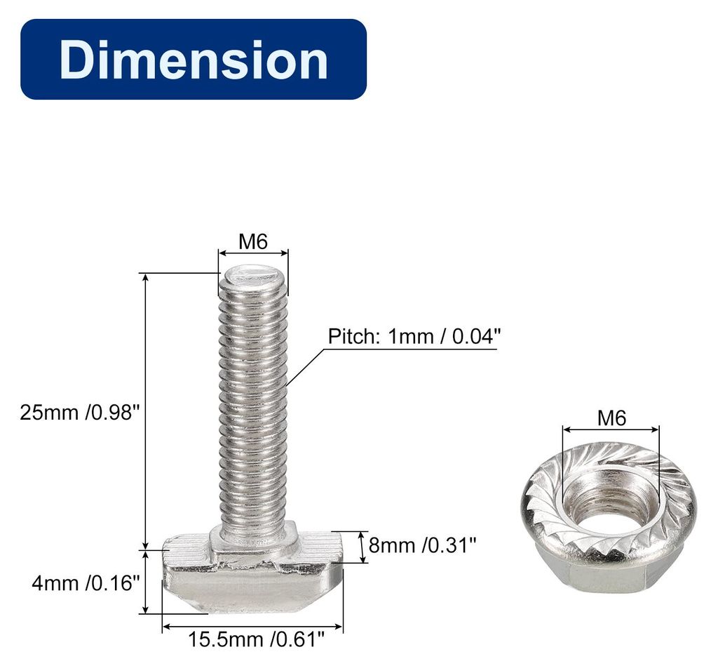 M6x25mm T-Nut und M6 Sechskantflanschmuttern-Set, 20 Sets Hammerkopf T-Bolzen T-Form Stift Schiebeschraube fš¹r 30er Serie Aluminiumprofil