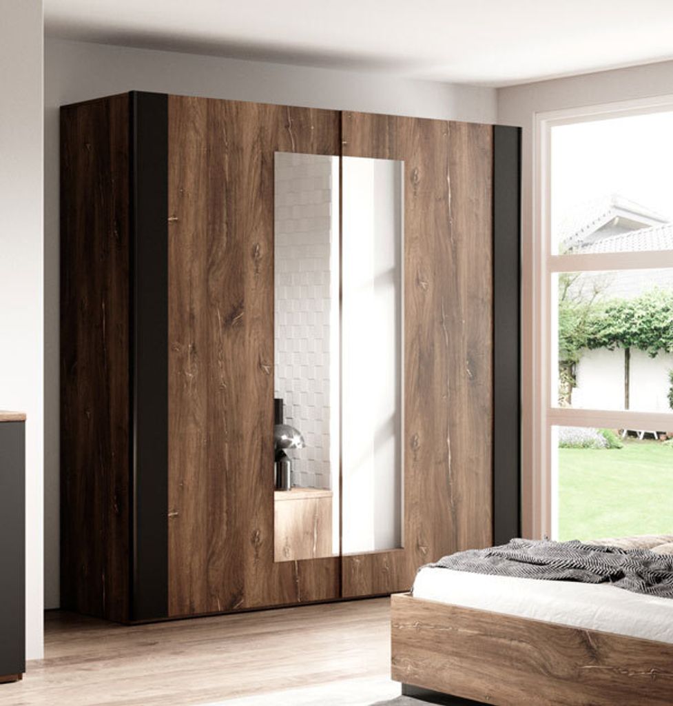 Schwebetürenschrank Kleideschrank Sigma 200cm Ausführung mit extra Böden Flagstaf Eiche dunkel - kupferrote App. / schwarz