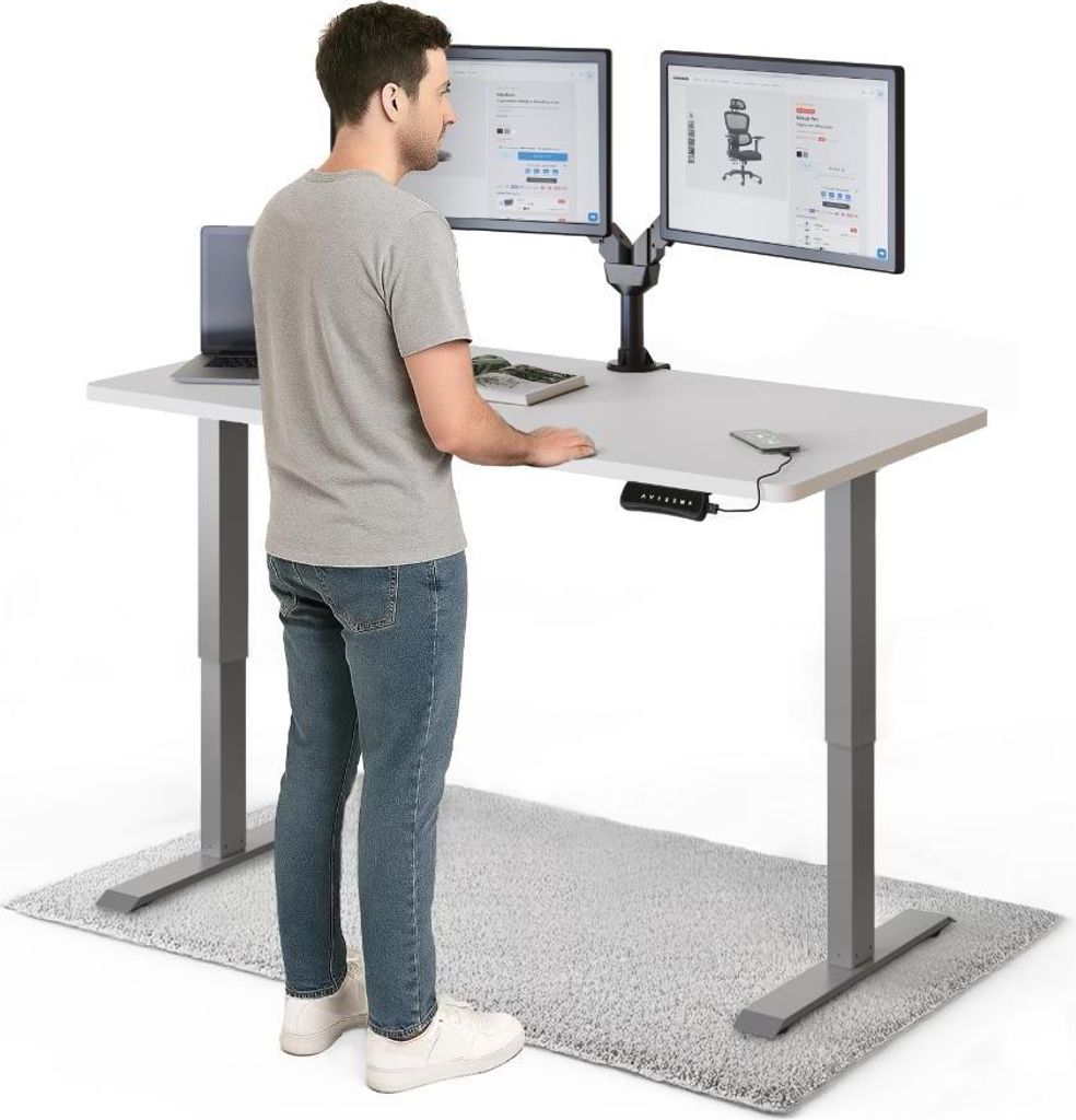 DESKSPACE PRO Elektrisch höhenverstellbarer Schreibtisch – 140x70 cm Memory & Kollisionsschutz, Computertisch Weiße Tischplatte / Graue Gestell