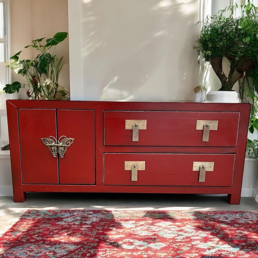 Orientalische Vintage Möbel Asia TV Kommode Sideboard Lowboard Schrank Fernsehkästchen chinesisch asiatisch fernöstlich Landhaus-Stil rot montiert