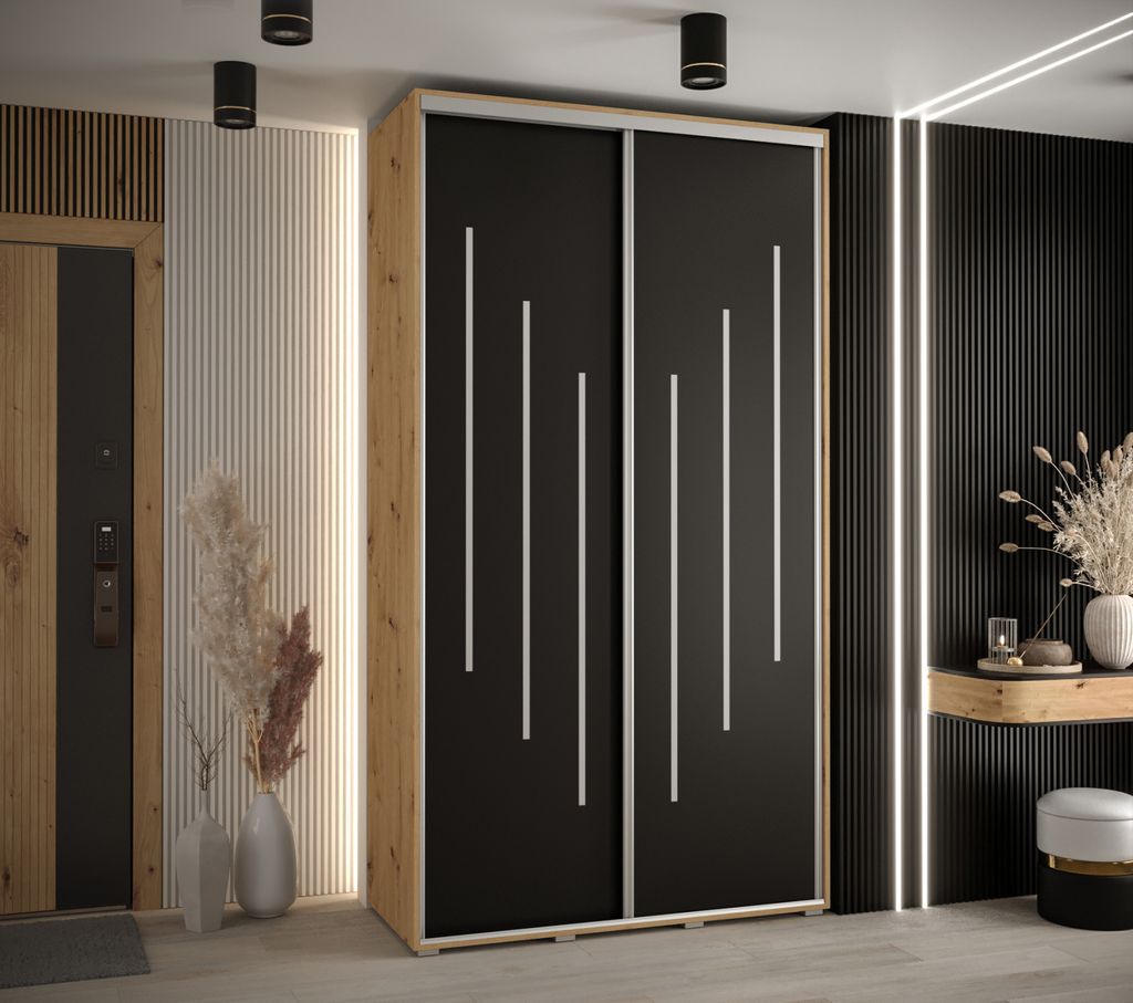 Kleiderschrank ASIRI 8 - 140/45 cm, Artisan-Eiche / Schwarz / Silber