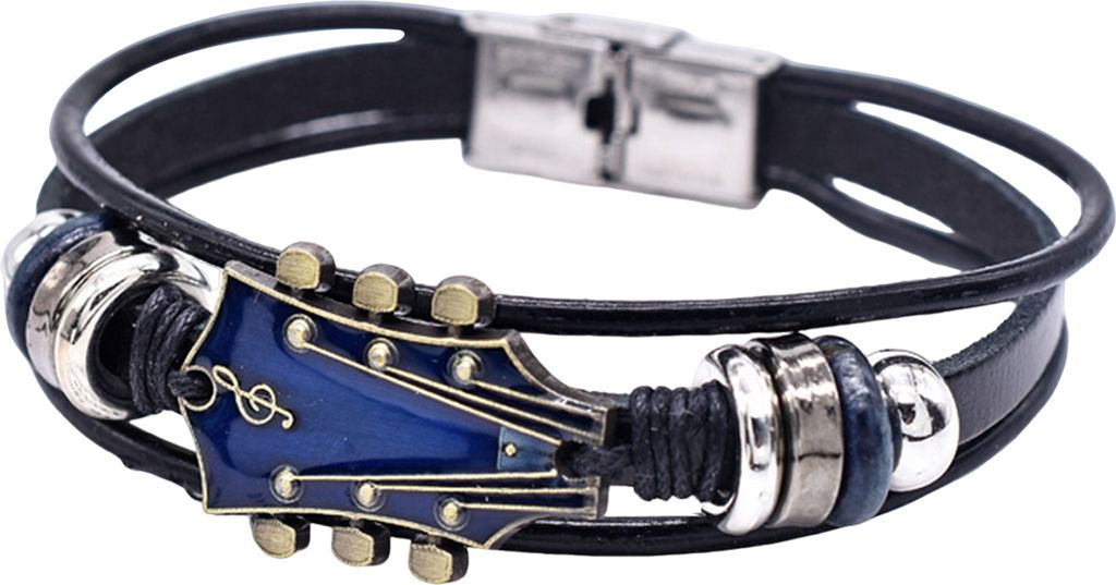 Geflochtenes Gitarrenarmband aus Zinklegierung, verstellbare Schnalle, manuell gewebtes Kunstleder, 3-lagiger Retro-Punk-Handgelenkschmuck