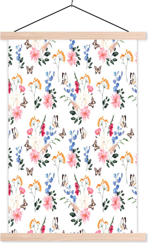 MuchoWow Textilposter Blumen - Schmetterlinge - Collage 60x90 cm mit holzfarbenen Rahmen - Textil