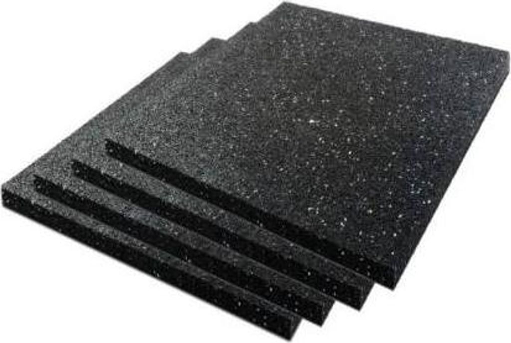 A stack of black anti-vibration pads with white flecks, shown from a diagonal angle against a white background.