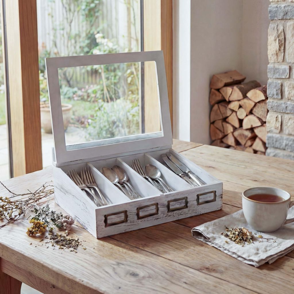 A wooden cutlery box with a glass lid sits on a wooden table next to a cup of tea and some dried herbs.