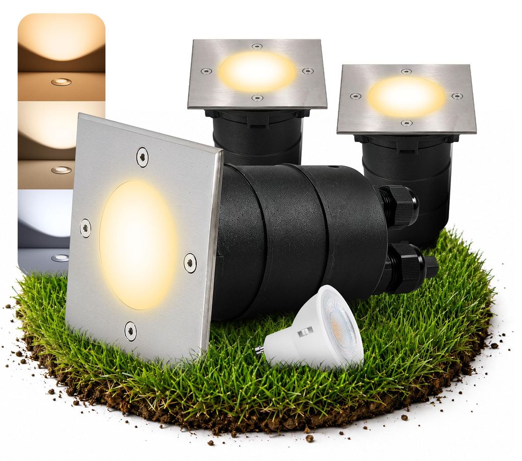 SSC-LUXon 3x MADON Bodeneinbaustrahler aussen LED eckig IP67 - mit LED GU10 Lampe 5W drei einstellbaren Lichtfarben 3CCT - Bodenstrahler befahrbar ...
