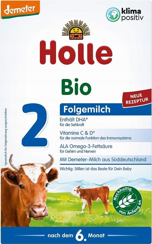 A product package for baby formula with images of cows and a calf.