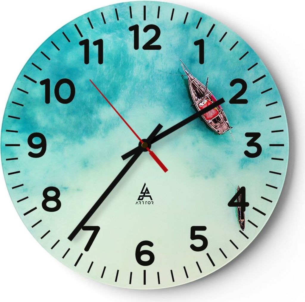 Wanduhr - Rund - Glasuhr - Insel Boot Schiff Ozean - 40x40cm - Schleichendes Uhrwerk - Lautlos - zum Aufhängen bereit - Dekoration Modern - Wandde...