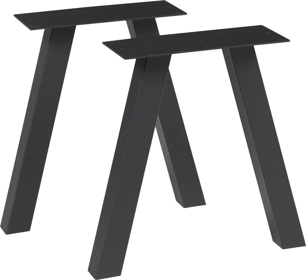 Two black metal table legs are shown against a white background.