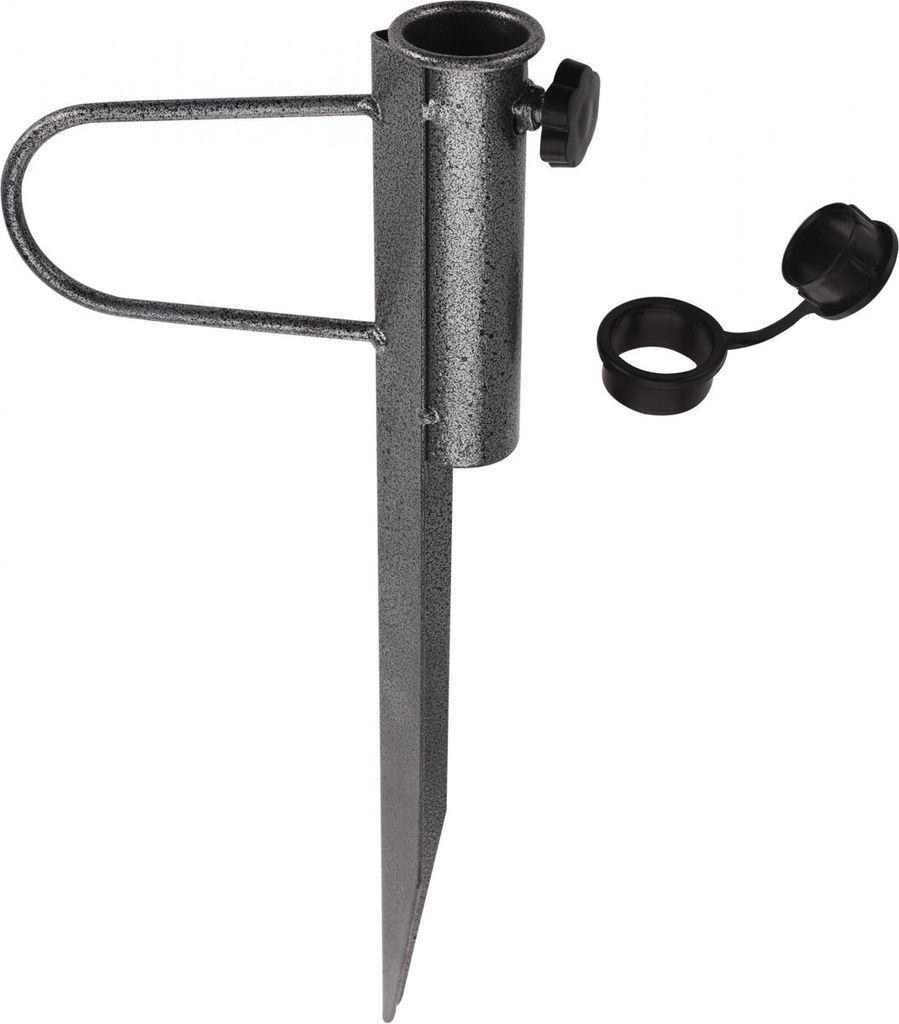 A metal ground spike for an umbrella stand, shown against a white background.