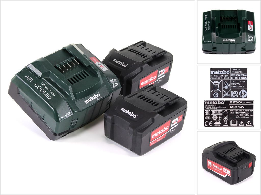 Metabo Akku Basis Set 18V mit 2x Akku 5,2Ah + Ladegerät ASC 145 ( 685051380 )