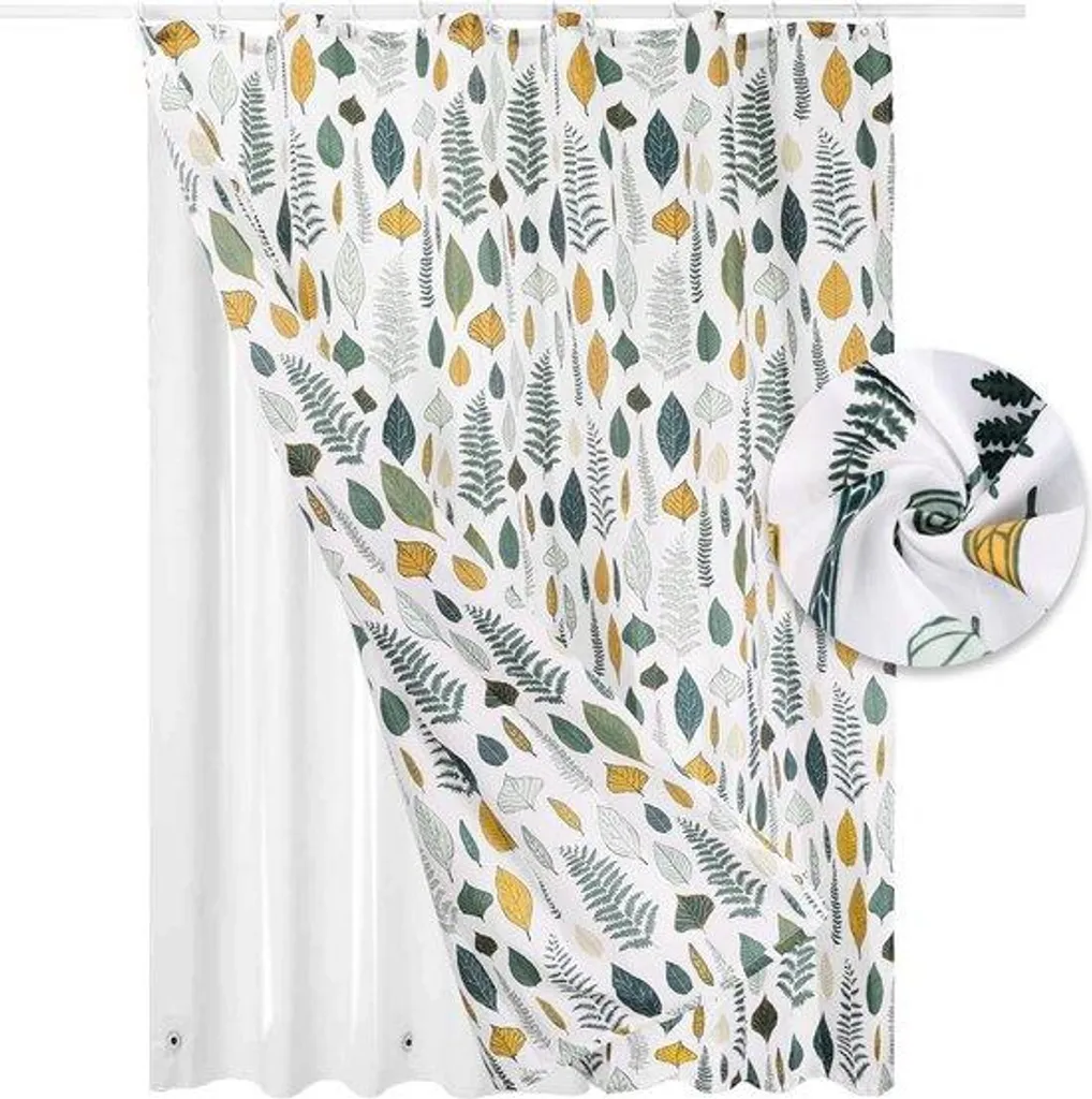 Rideau de douche textile imprimé arbres et doublure étanche magnétique