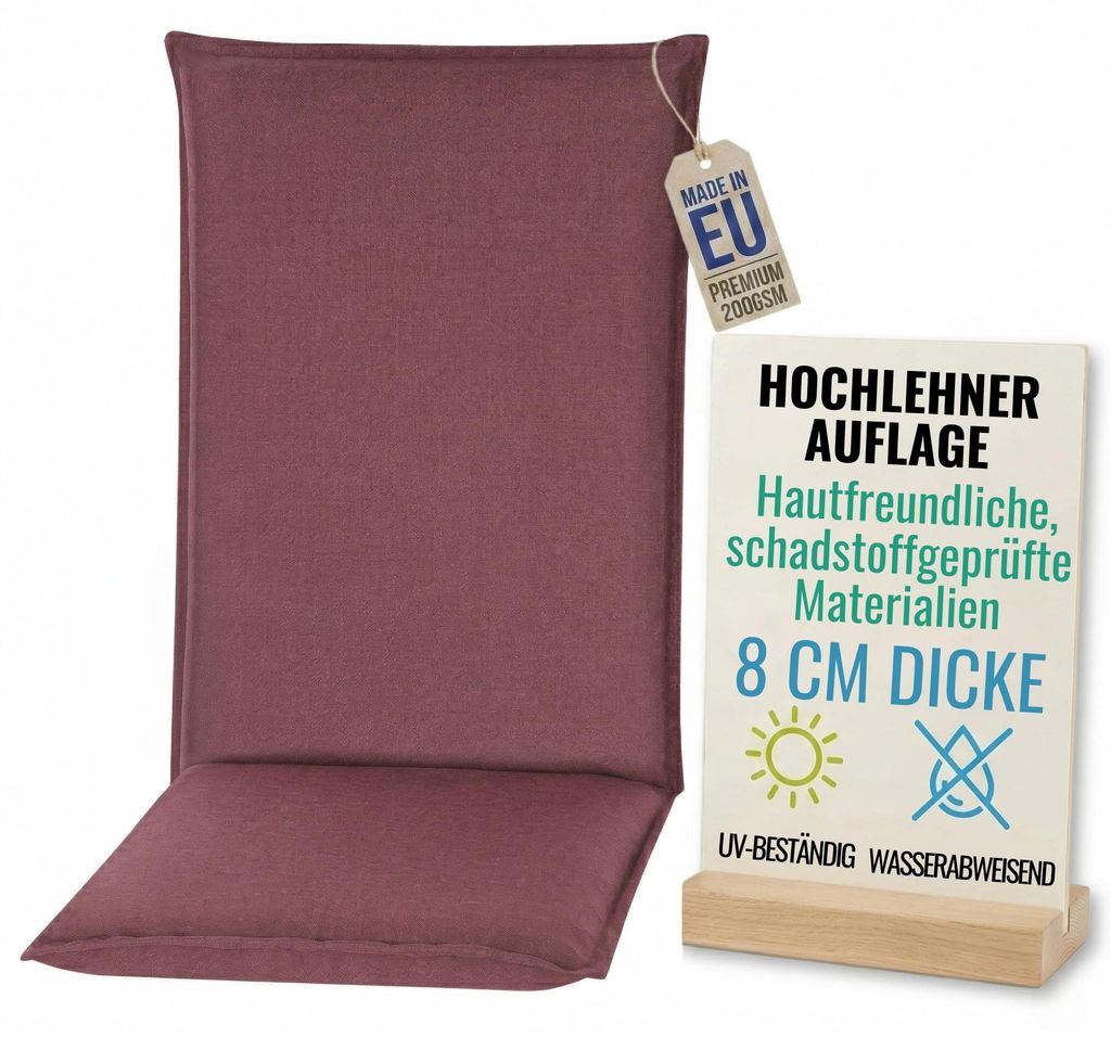 Pillows24 - Hochlehner Auflagen 120x50x8 cm | Bequeme & Wetterfeste Gartenstuhlauflagen | Polster Sitzkissen für Gartenmöbel | EU | Pflaume