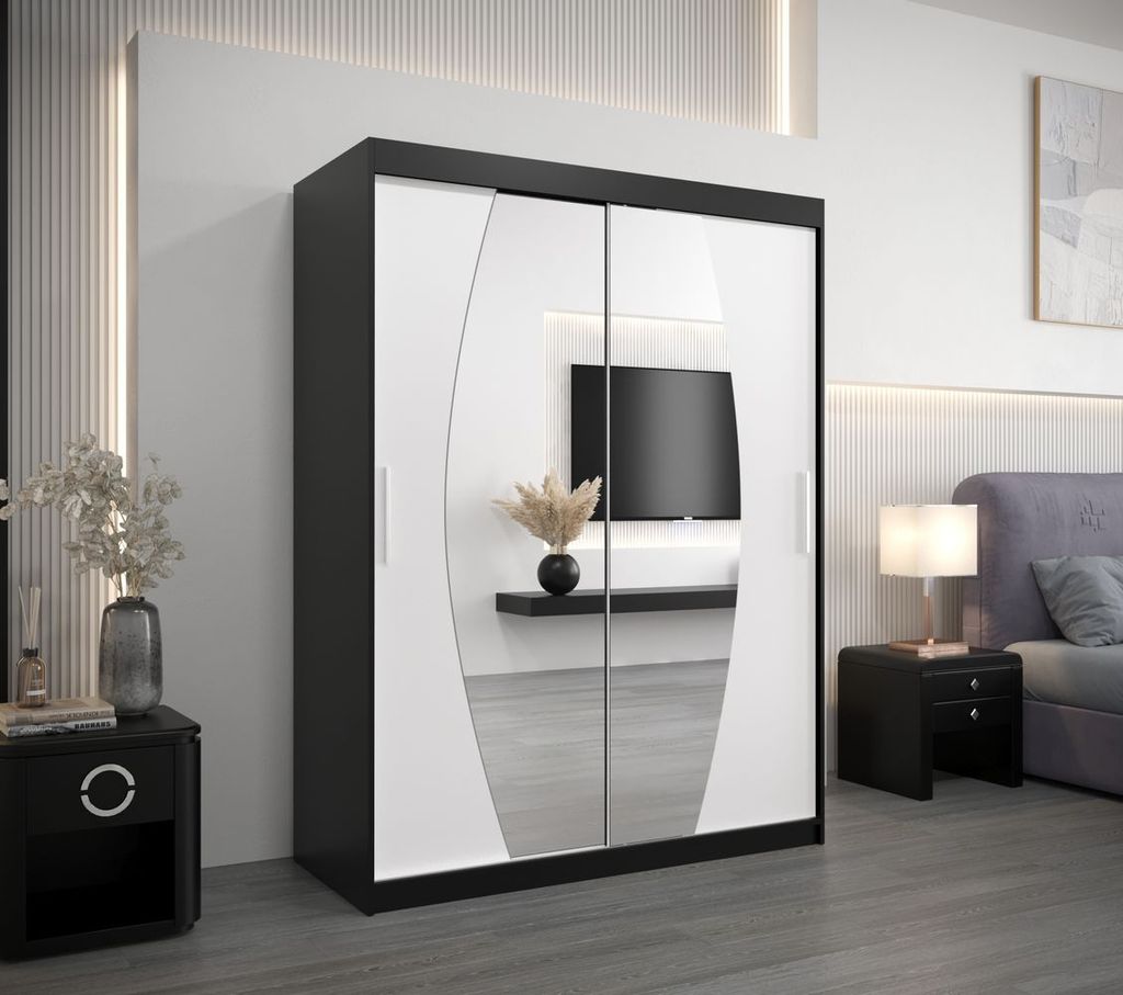 Kleiderschrank mit Spiegeln NIKOLA – Breite 150 cm, schwarz/weiß