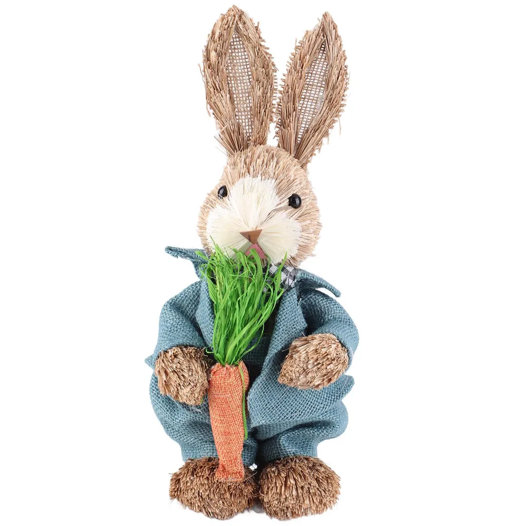 Lapin de Pâques Rustique 36cm Manteau Gris et Carotte en Fibre Naturelle