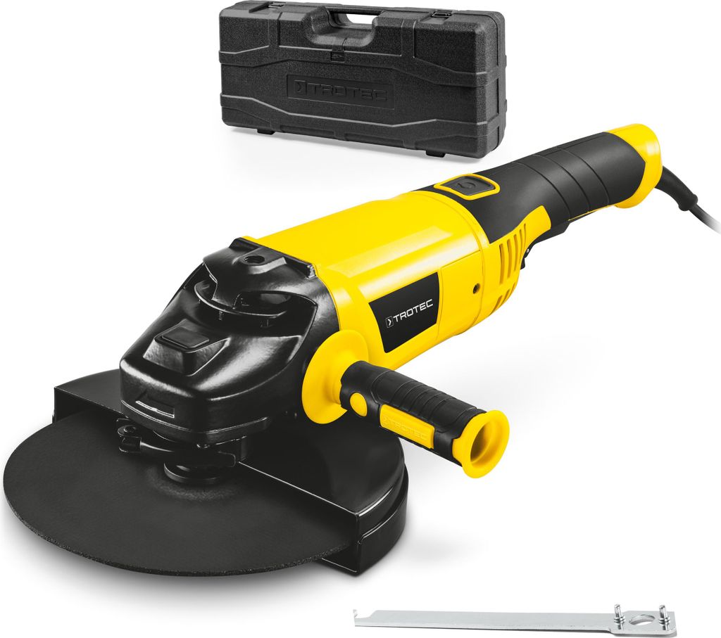 A yellow and black angle grinder with its case and a metal blade are displayed against a white background.