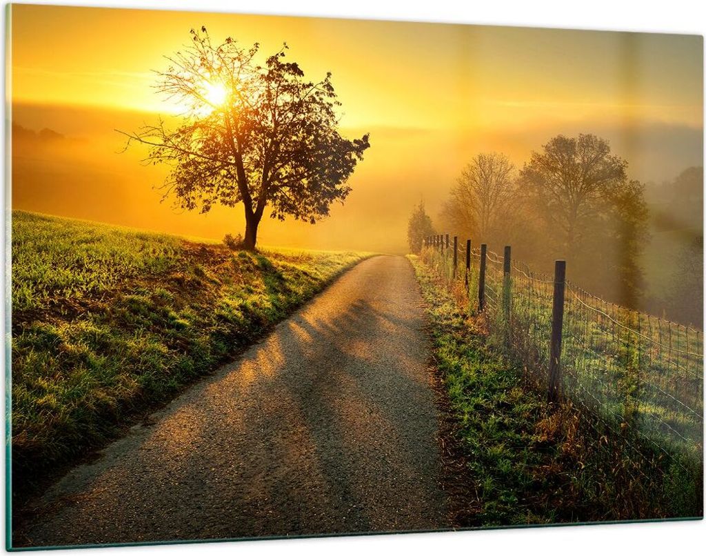 Bilder auf glas - Feld Straße Baum - 120x80cm - Glasbilder - Wandbilder - Kunstdruck - zum Aufhängen bereit - Wanddekoration aus Glas - Glas Bild...