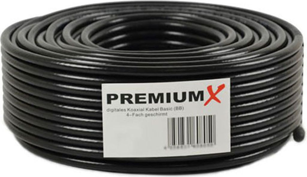 PremiumX 50m BASIC Koaxialkabel schwarz 135dB 4-fach CCS SAT Kabel