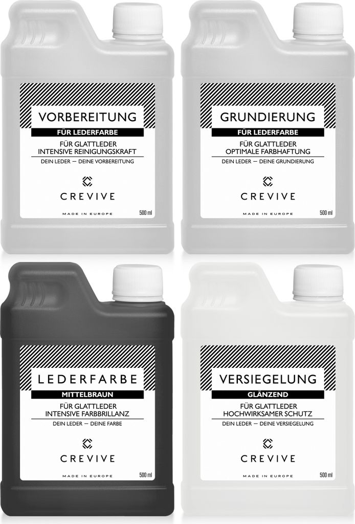 CREVIVE Lederfarbe Set Mittelbraun Glänzend - für die optimale Lederfärbung - Lederreiniger, Grundierung, Lederfarbe, Versiegelung, je 500 ml