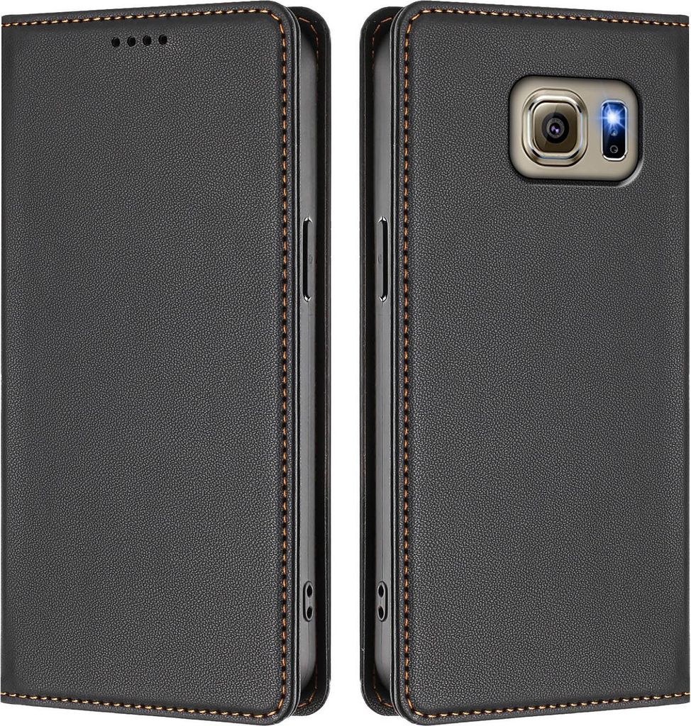 Handyhülle für Samsung Galaxy S6, Kunstleder Klapphülle Stoßfeste Magnetische Hülle mit Ständer Schwarz