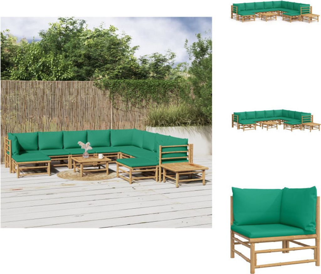 vidaXL 12-tlg. Garten-Lounge-Set mit Grünen Kissen Bambus - Gartenmöbel-Sets