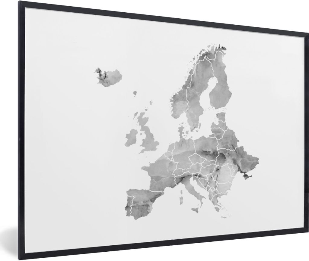 MuchoWow Gerahmtes Poster Europa-Karte in Aquarell - schwarz und weiß 60x40 cm - Poster mit Schwarzem Bilderrahmen Wandposter Rahmen Foto Bilder...