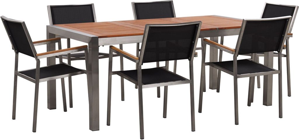 BELIANI Gartenmöbel Set Eukalyptusholz Edelstahl Tisch 180 cm 6 Stühle Schwarz Terrasse Outdoor Modern Garten Terrasse