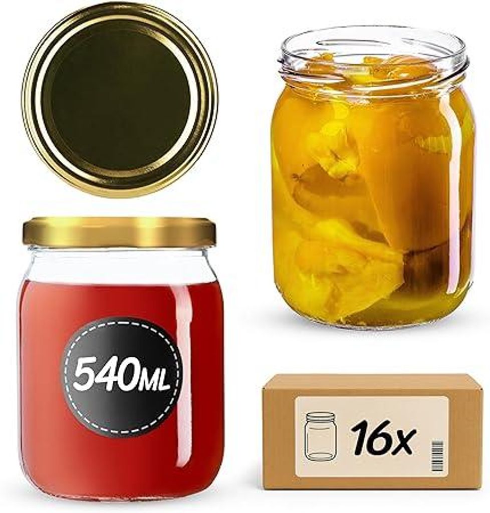 A collage of images showing glass jars, a jar lid, and a cardboard box.
